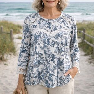 Elena Baldi Made in Italy Blue White Cottage Coastal Floral Linen Top size large